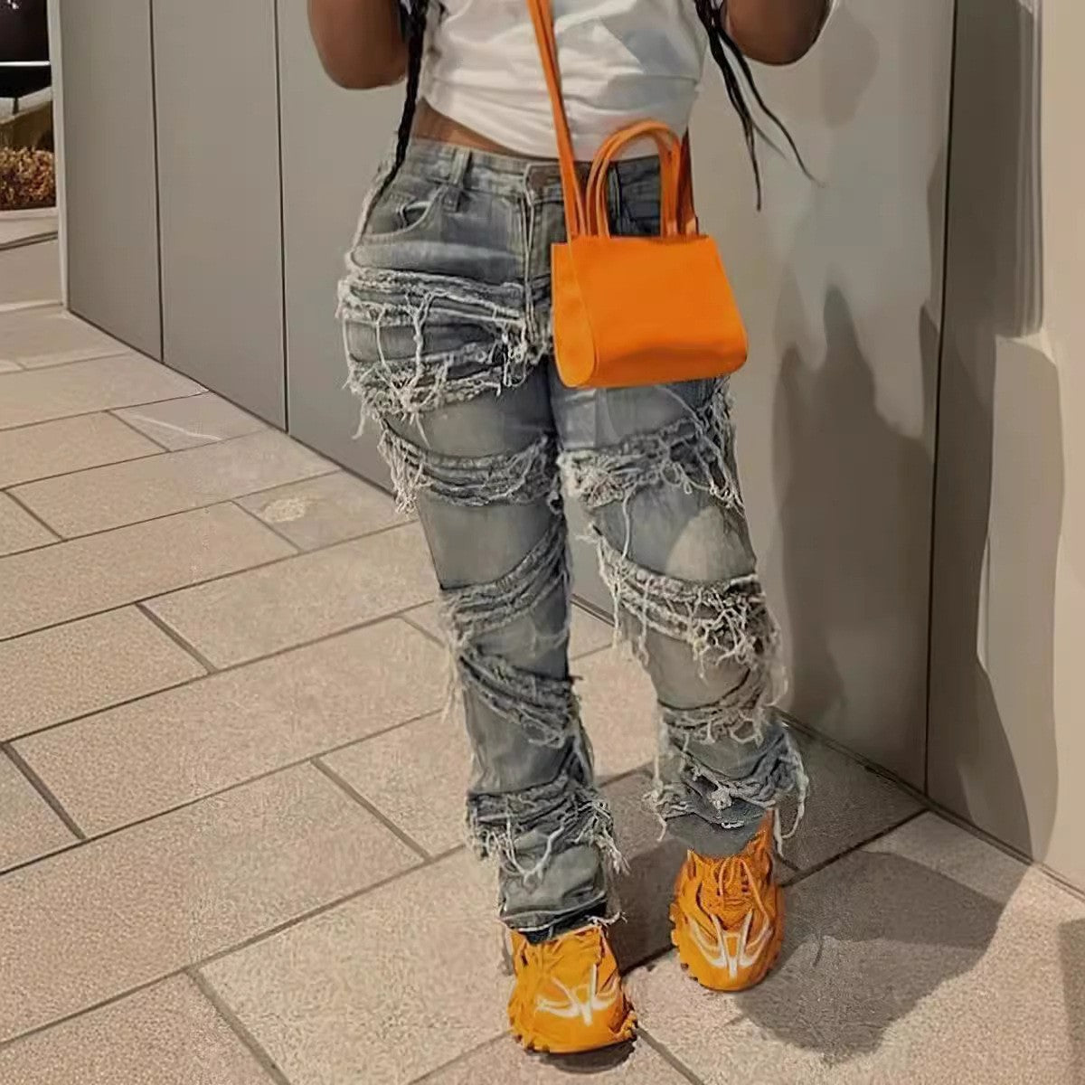 Laminated Ripped Washed Straight Tassle Fashion Casual Jeans