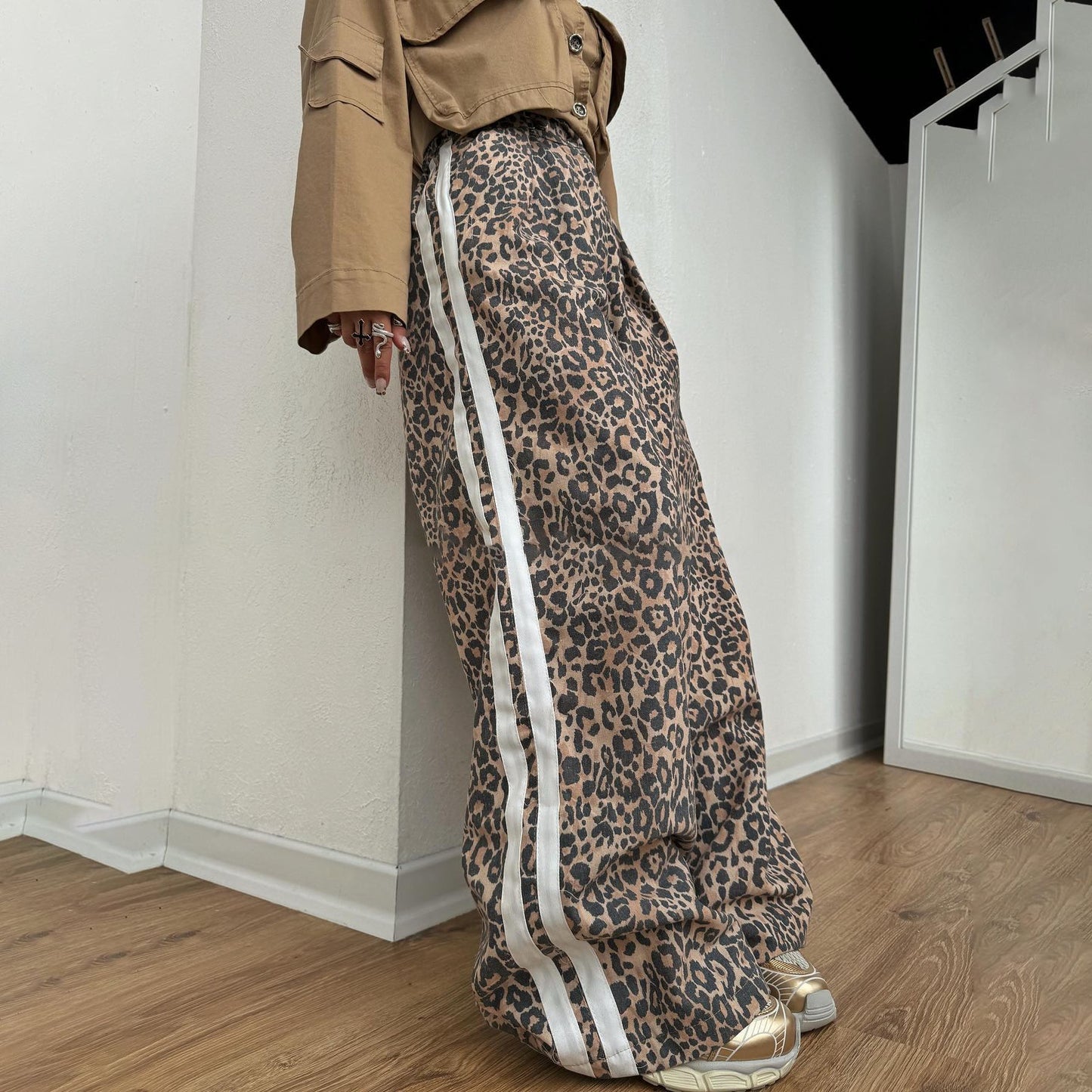 Leopard Print Mop Pants Women's Retro Side Striped Loose Wide-leg Pants