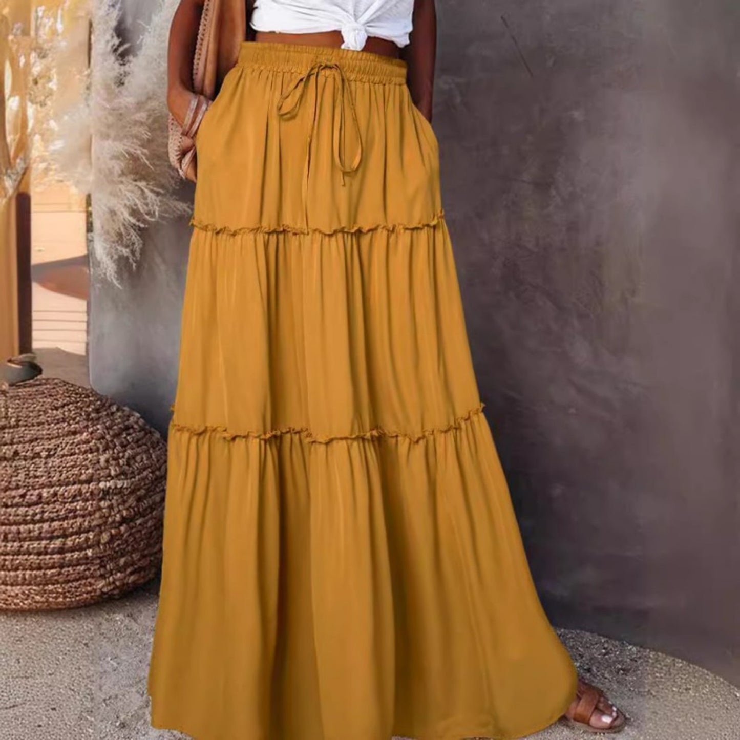 Women's Elastic High Waist A-Line Pleated Casual Maxi Dress